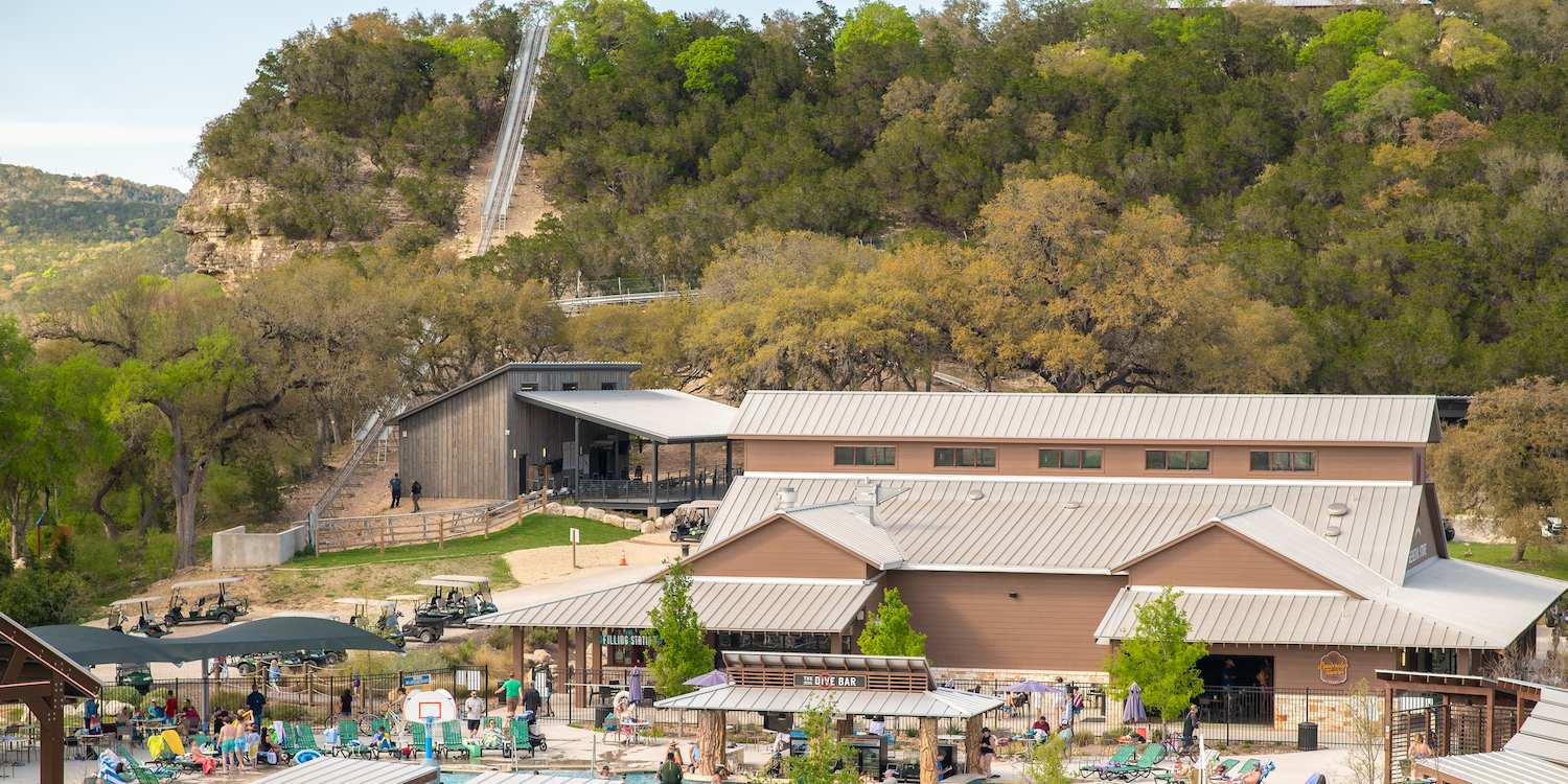 An aerial view of The Cliff Carver at Camp Fimfo Texas Hill Country