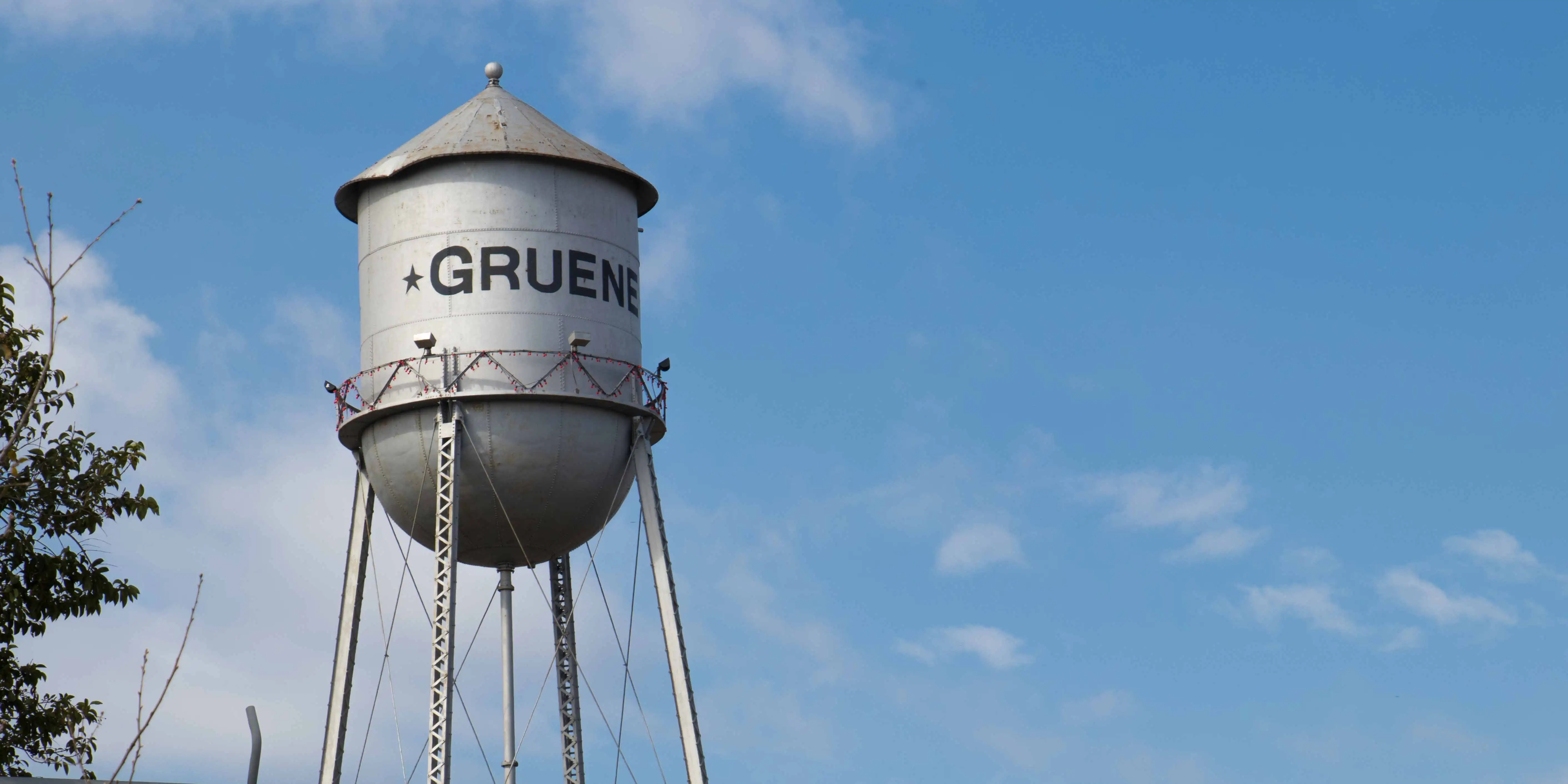 The iconic city of Gruene's rusty water tower, a short drive from Camp Fimfo Texas Hill Country