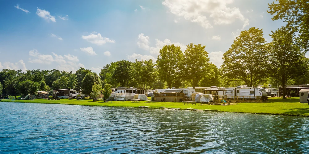 Enjoy a lake view with a Premium Back-In RV Site at our family campground in Ohio.