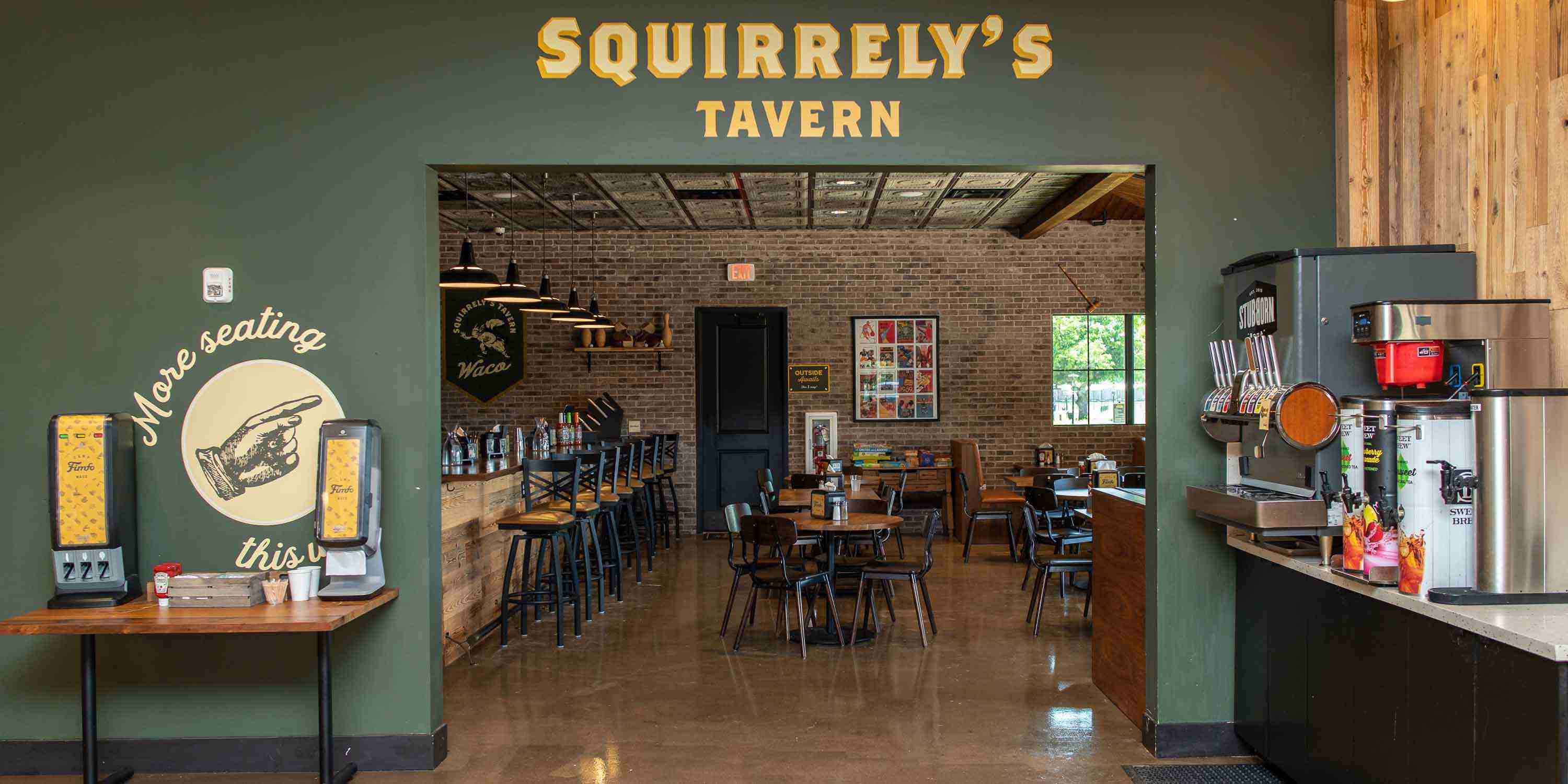 Squirrely's Tavern, Camp Fimfo Waco's on-site bar & restaurant