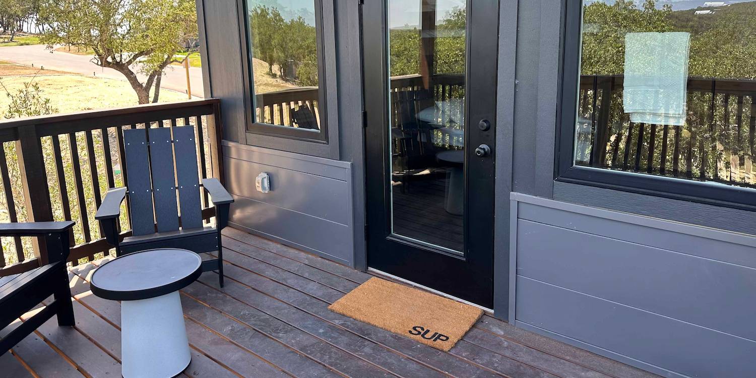 The porch of a Treetop Cabin at Camp Fimfo Texas Hill Country