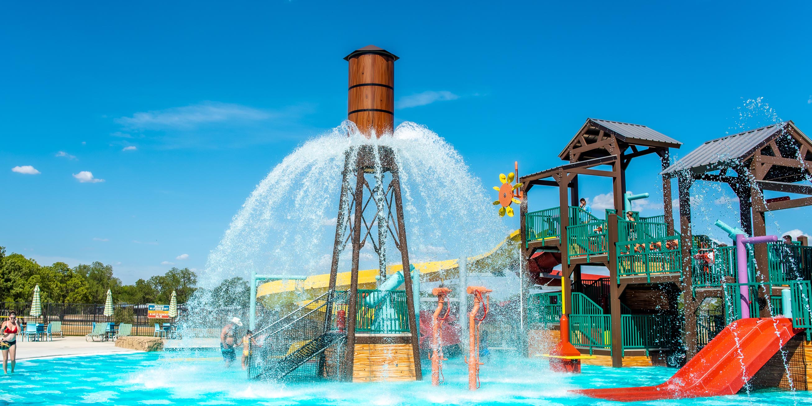 The hydrostorm bucket at Camp Fimfo's water playground