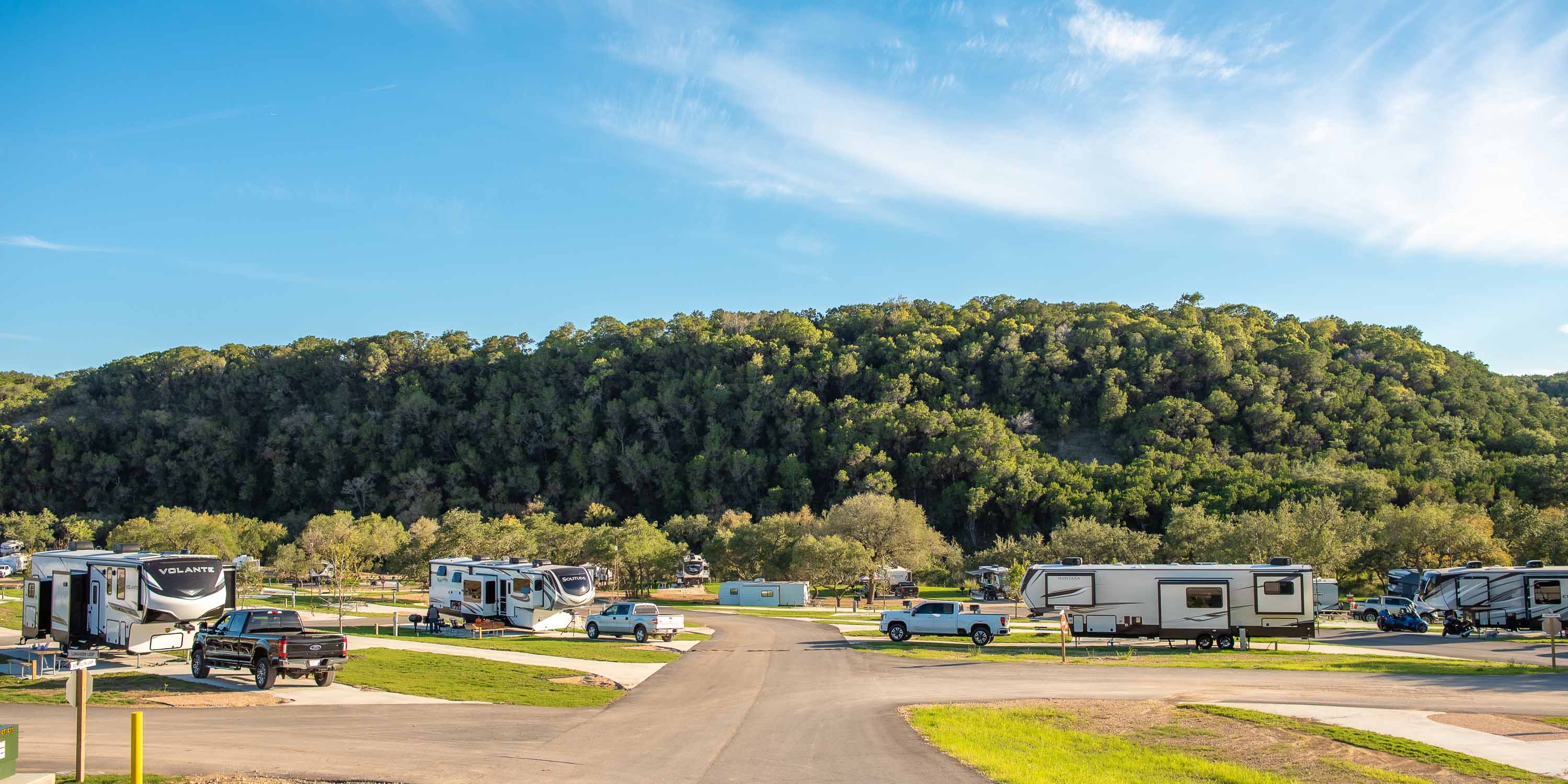 A view of the RV sites at Camp Fimfo Texas Hill Country