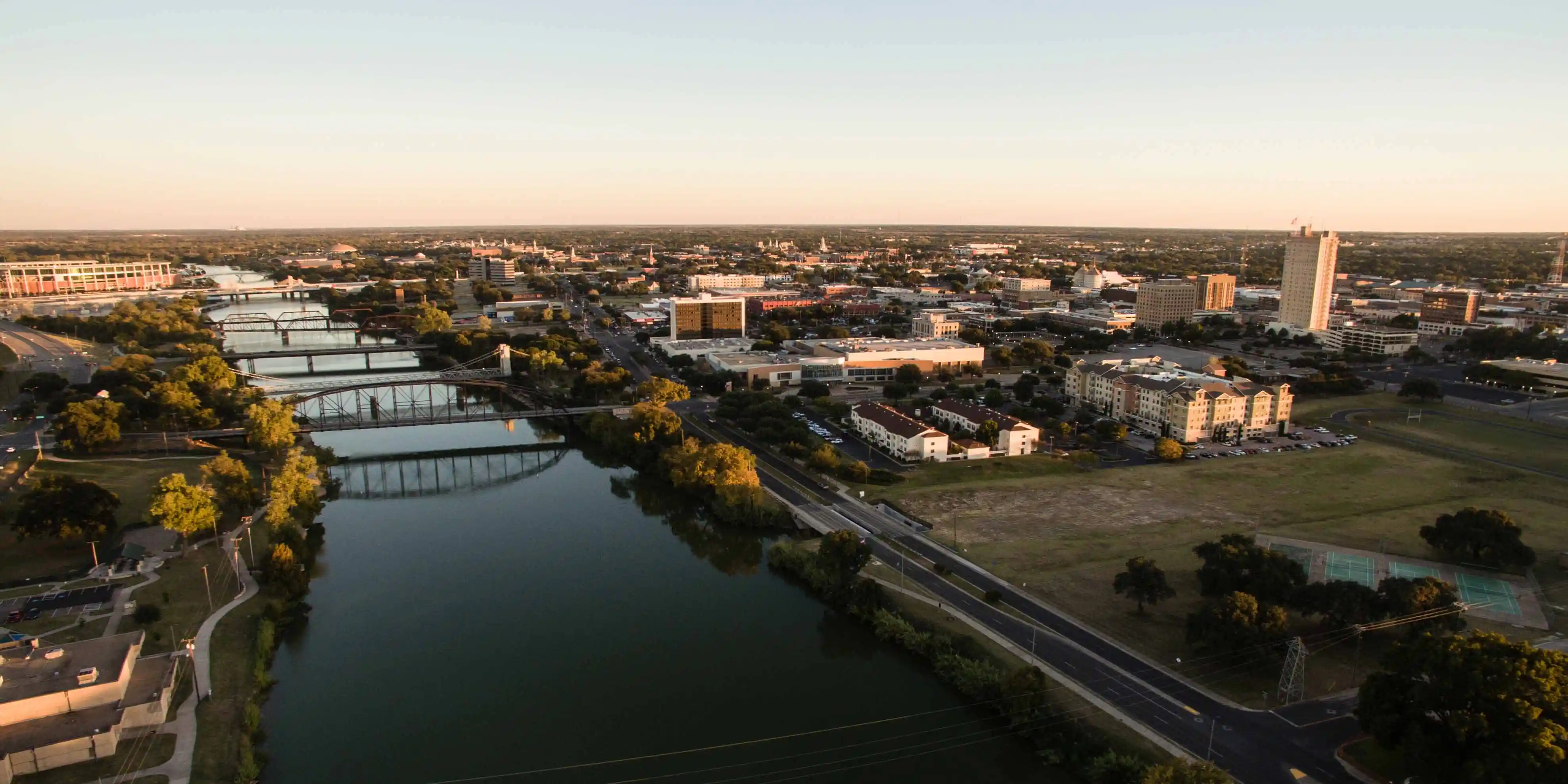 An aerial view of Downtown Waco and the Brazos River, the location for the Ironman 70.3 Waco