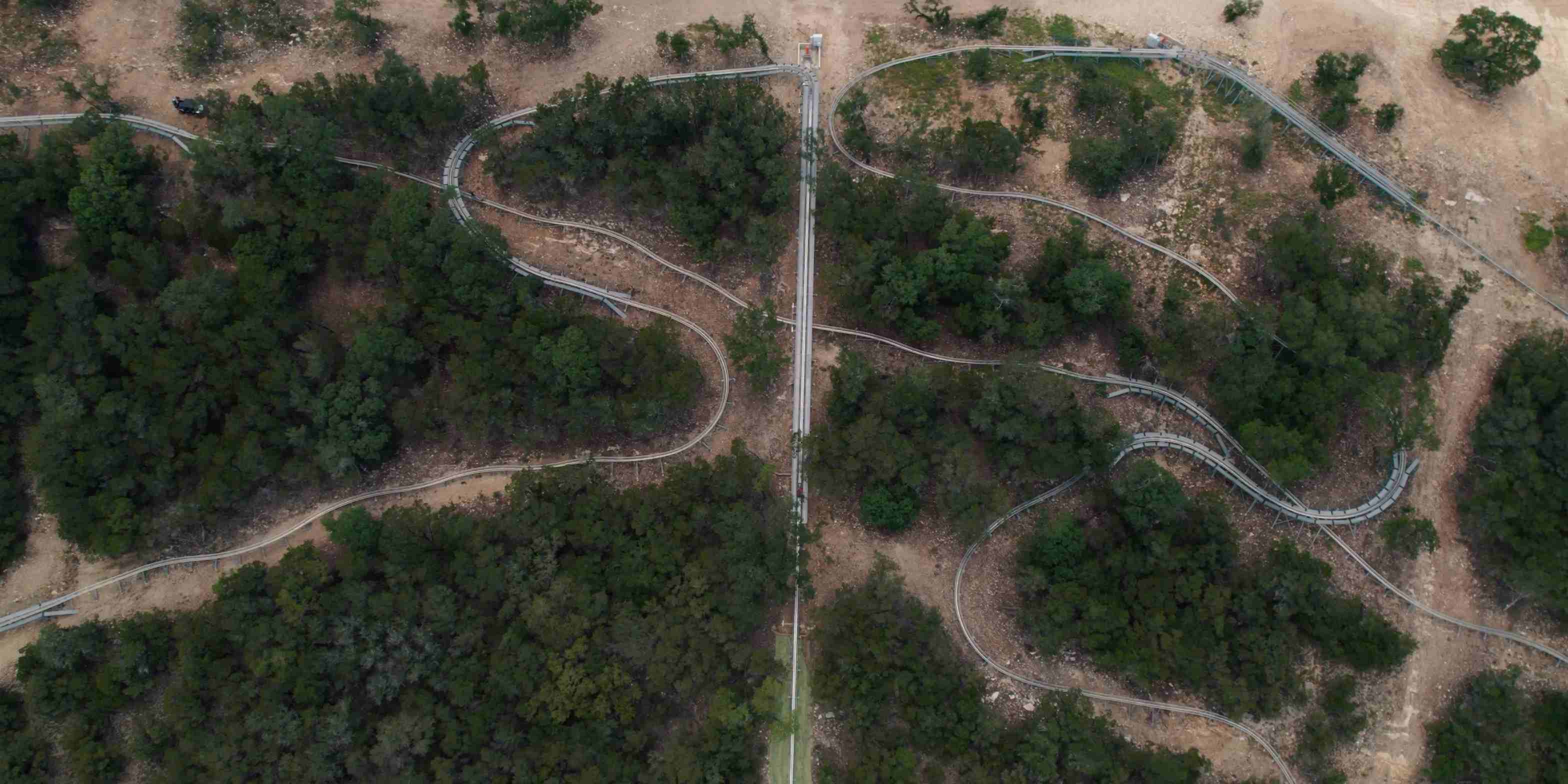 Aerial view of The Cliff Carver, the first and only alpine coaster in Texas
