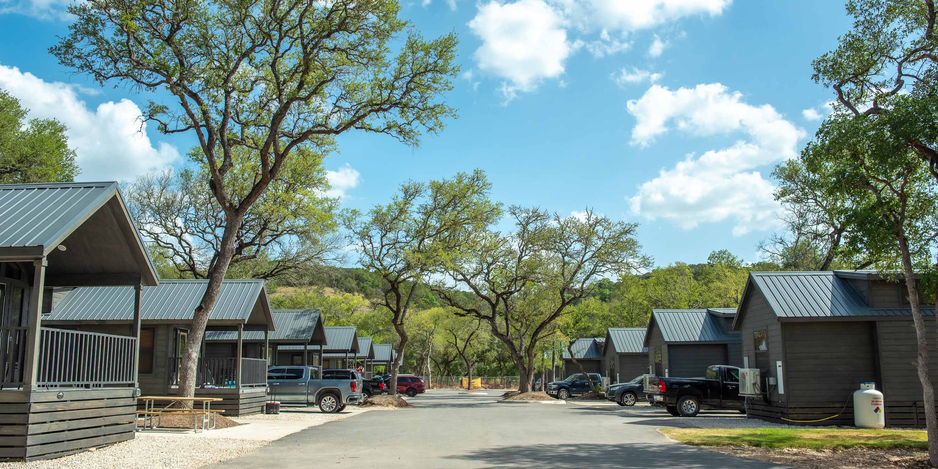 A view of the Bluebonnet Cabins at Camp Fimfo