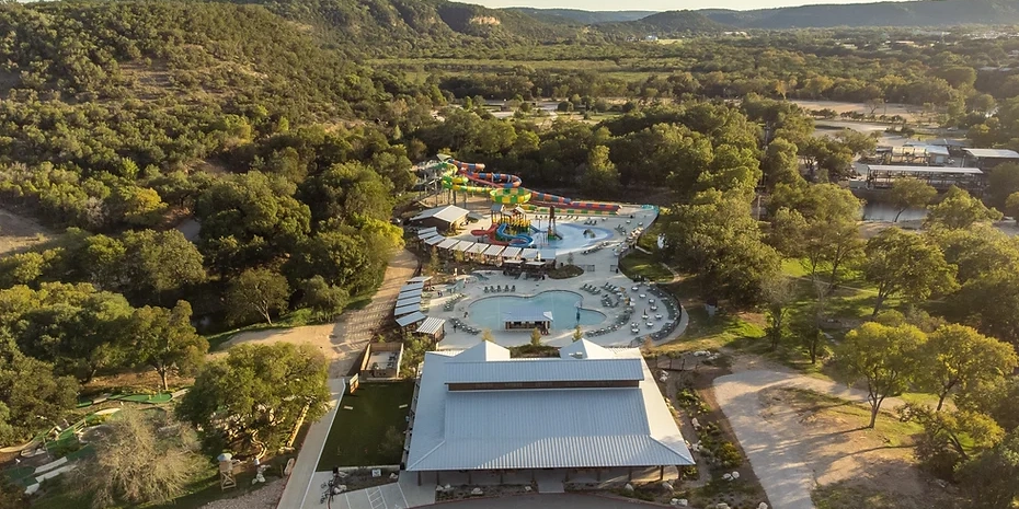 A drone view of Camp Fimfo Texas Hill Country in New Braunfels, TX