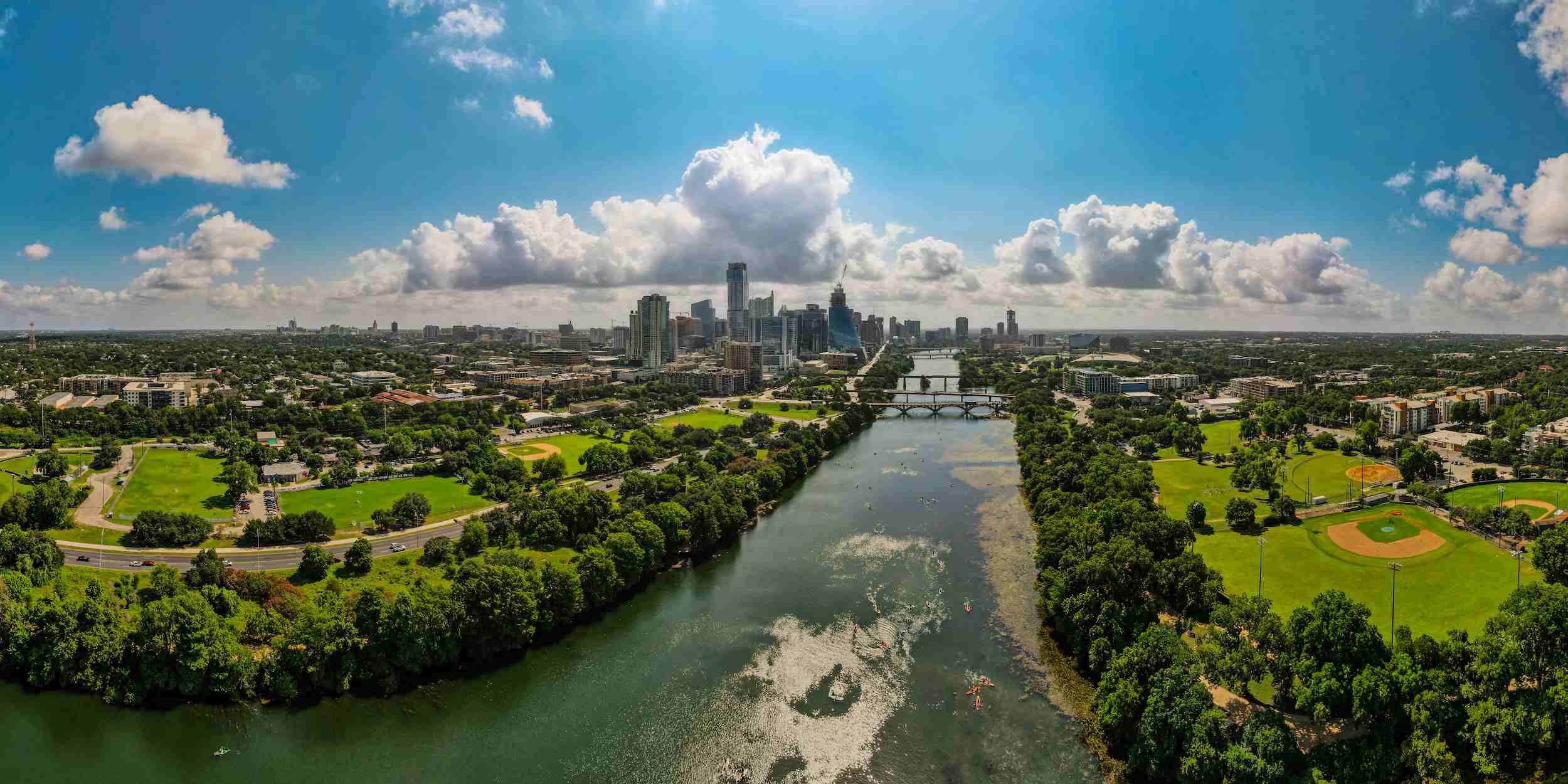 An aerial view of Zilker Metropolitan Park in downtown Austin