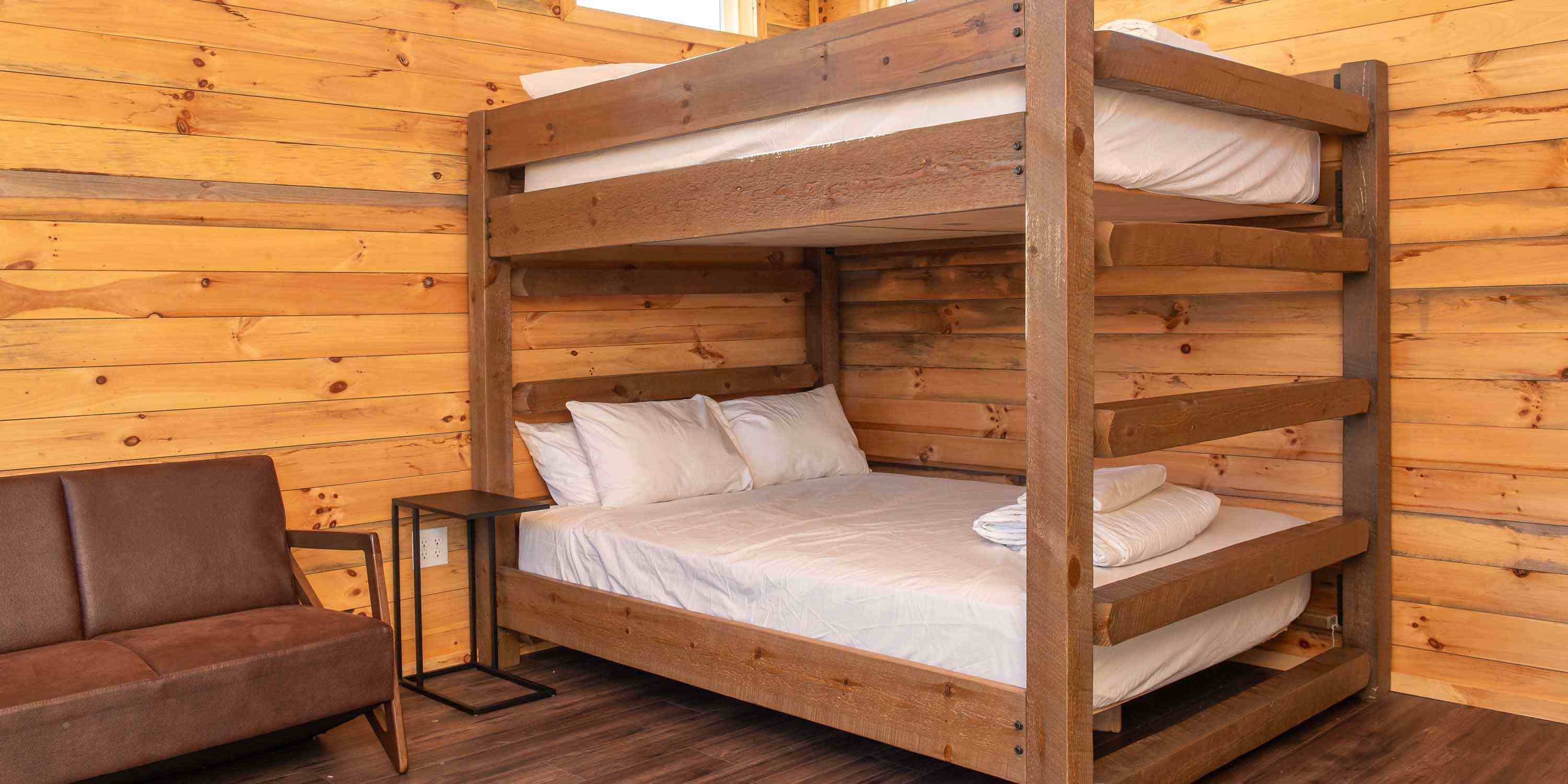 The interior of a Treetop Cabin at Camp Fimfo Texas Hill Country