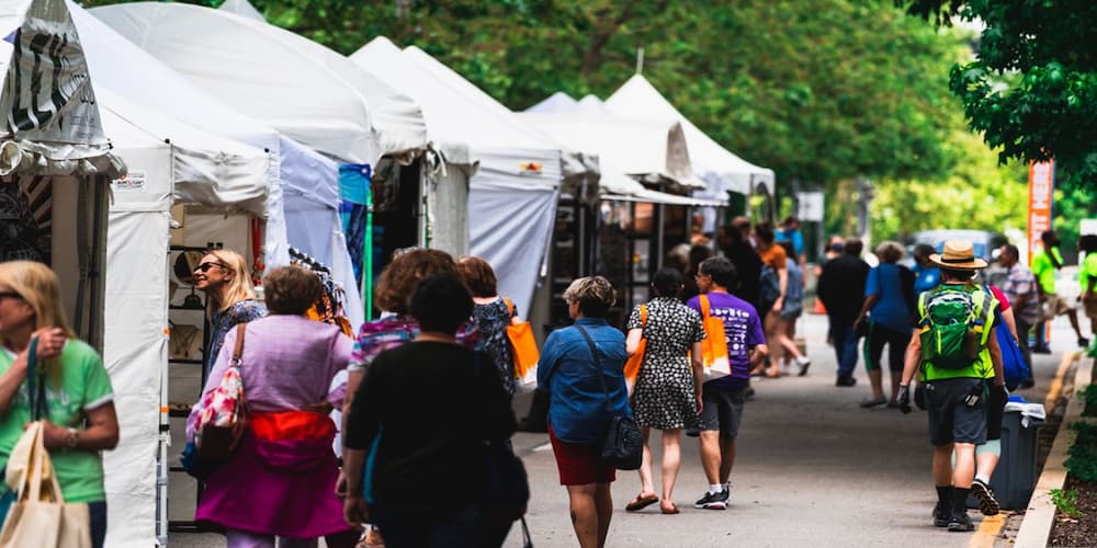 People walking around and shopping during an art fair, Art Fairs near downtown Pittsburgh, PA