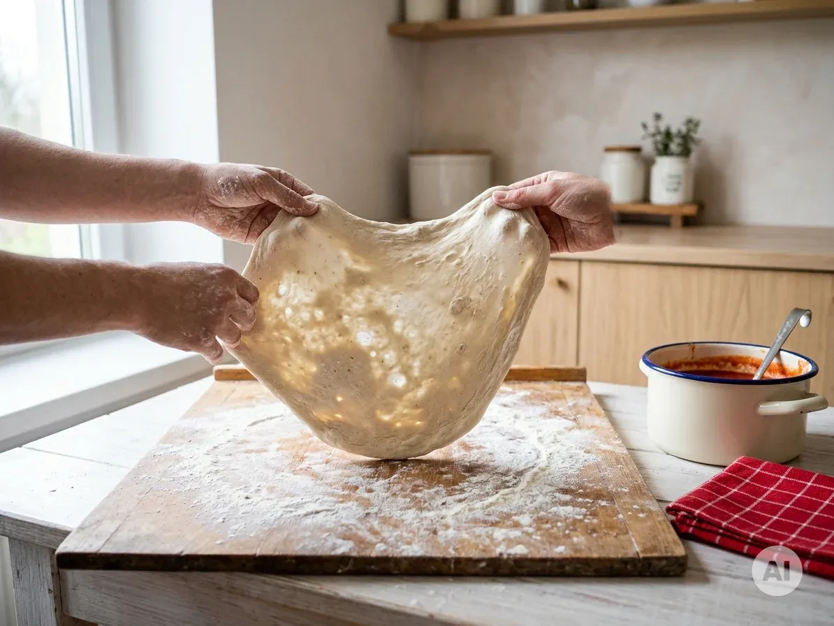 Ręce formujące cienki placek pizzy na drewnianej desce