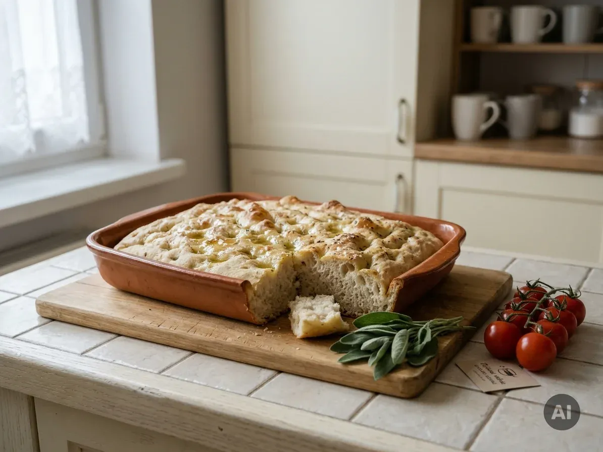 Focaccia bezglutenowa z wgłębieniami wypełnionymi oliwą, pomidorkami i rozmarynem