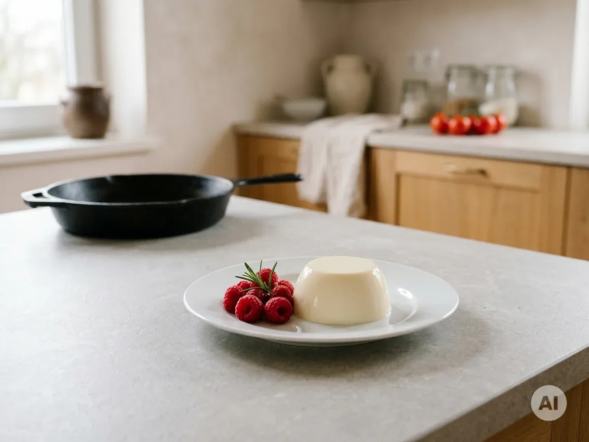 Gładka panna cotta na białym talerzyku z malinami
