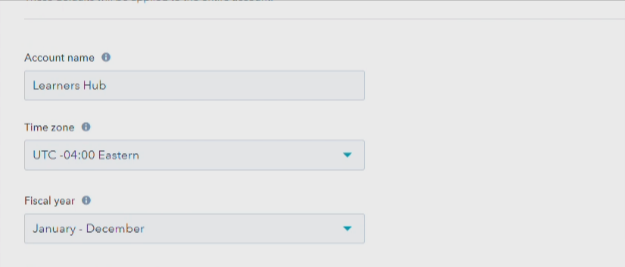 Account name, Time zone, and Fiscal year 