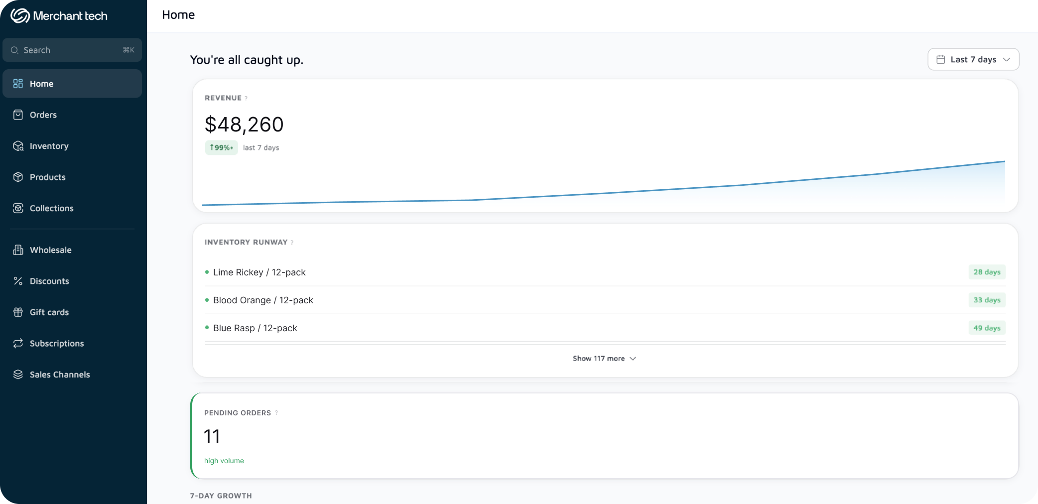 Merchant Tech dashboard home screen showing a revenue chart, an inventory runway list and a pending orders count