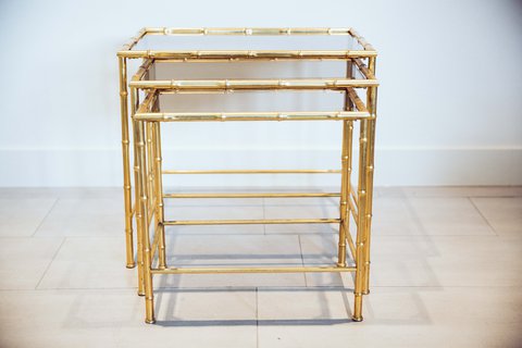 3 Vintage tables from France, in Bamboo Brass color Gold with smoked glass on top