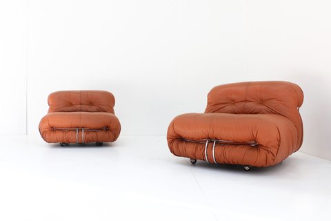 2 x Soriana fauteuils van Afra & Tobia Scarpa voor Cassina in cognac leer 1970 