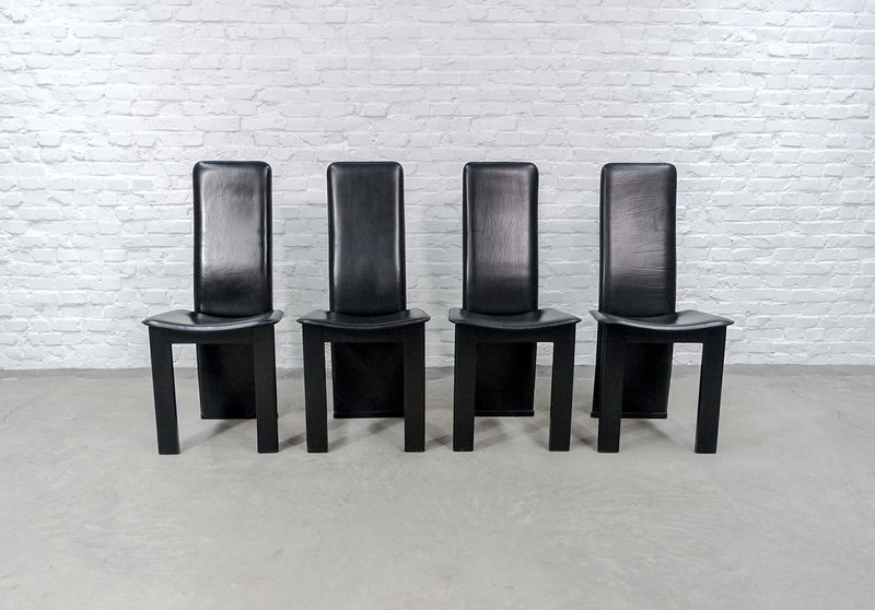 4 Mid-Century Black Sadle Leather High Back Dining Chairs in Style of Cidue