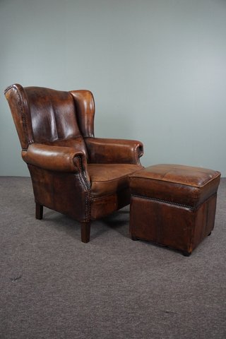 Sheep leather wing chair & ottoman set