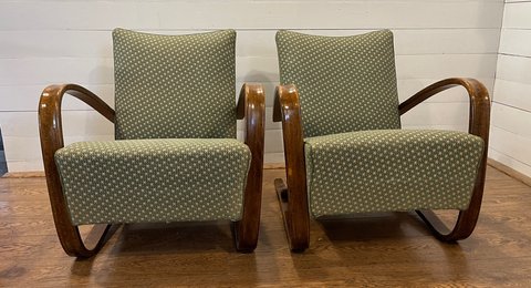 set van 2 Jindrich halabala H-269 Lounge stoelen groen - gerestaureerd - C1085