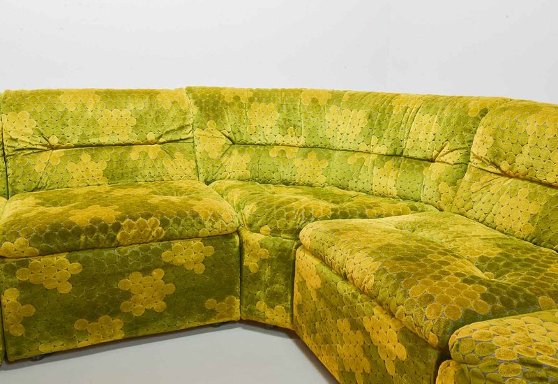Laauser Gold- Green Velvet Dots Modular Lounge Sofa Set, 6 Elements. Germany, 1970s