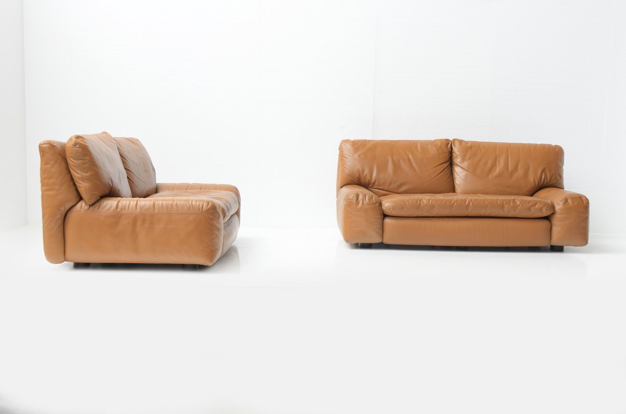 Image 5 of Set Bengodi vintage cognac leather sofas by Cini Bouri for Arflex Italy
