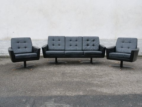 Mid-Century Design Leather suite, sofa, 2x Armchairs by Krasemann, 1960s