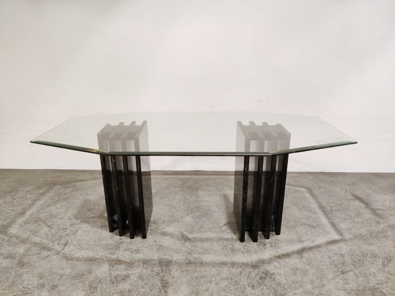 Vintage black marble and glass dining table, 1970s