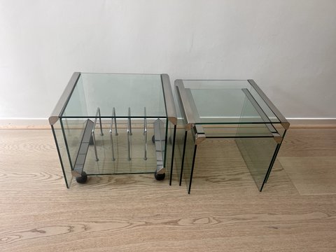 Galotti & Radice glass side tables and magazine/LP rack