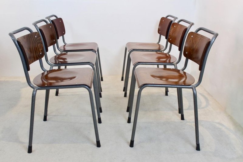 6 x Industrial Plywood TH-Delft by W.H. Gispen chairs