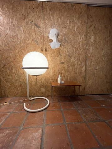Space age globe floor lamp on basket, ball lamp frosted glass