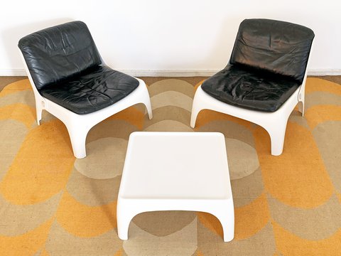 Vintage Space Age leren design fauteuils + salontafel set