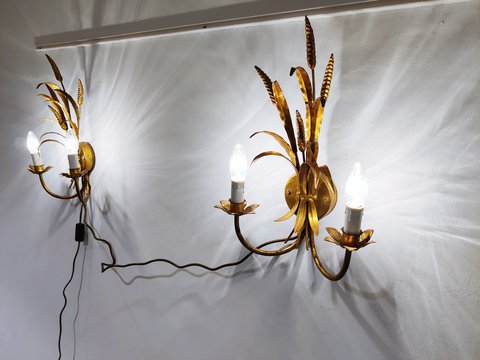 Vintage gilt metal sheaf of wheat wall lamps, 1960s
