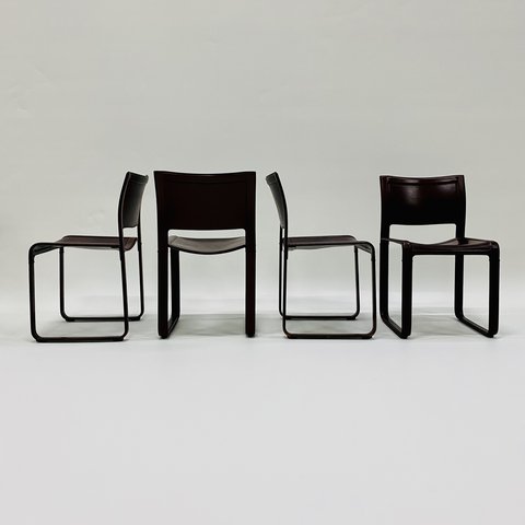 4 Matteo Grassi, Tito Agnoli leather dining chairs burgundy