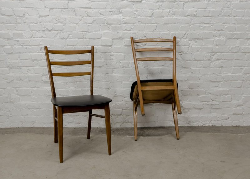 Solid Wood Ladder Dining Chairs with Black Leatherette Seating. Set of 6, 1960s