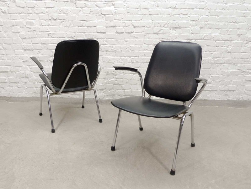 2 gispen Chrome and Black Leatherette High Back Armchairs by Martin de Wit