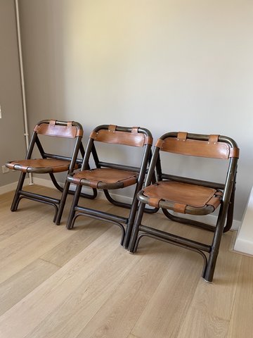 3x brutalistischer Stuhl aus Bambus Sattelleder