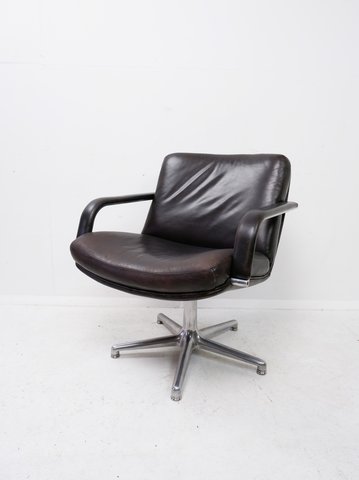 Artifort brown leather swivel armchair