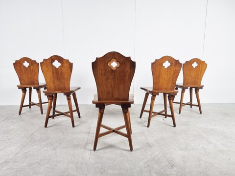 6x Vintage oak brutalist chairs, set