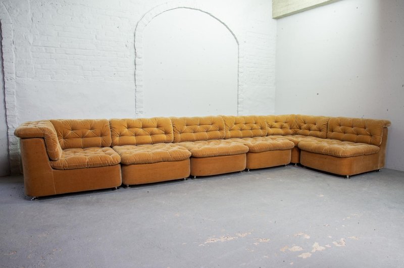 Dreipunkt Large Modular Lounge Sofa in Ochre Peach Velvet Fabric, Germany, 1970s.