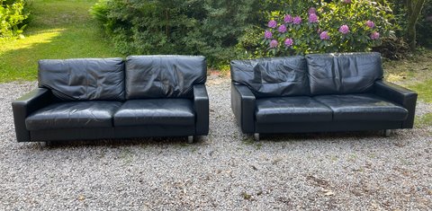 2x Musterring black leather double sofas