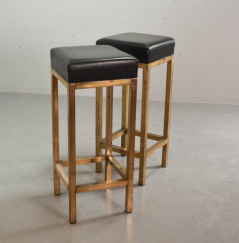 2 x Square black leather bar stools