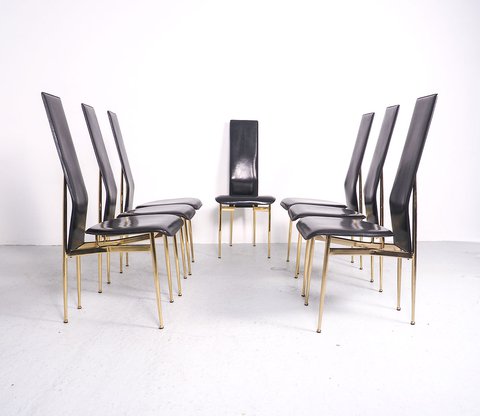 7 Fasem S44 black leather and brass vintage design chairs