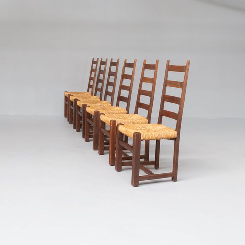 6x French Oak Dining room chair Brutalist with wicker seat
