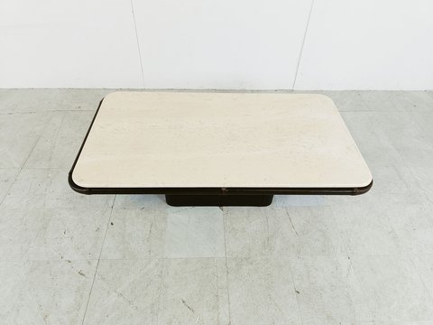 Leather and travertine coffee table by Desede, 1970s