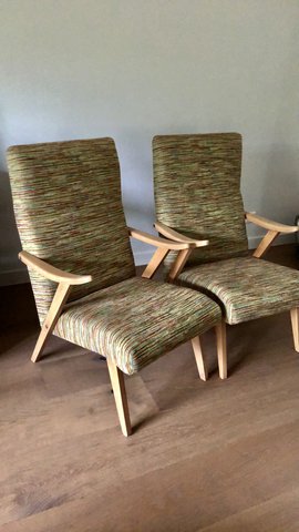 2x vintage opnieuw gestoffeerde fauteuils