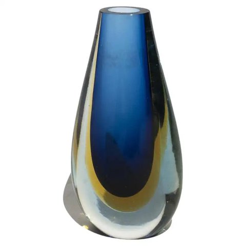Vintage druppelvormige vaas in blauw "Sommerso" Murano-glas, Flavio Poli-stijl