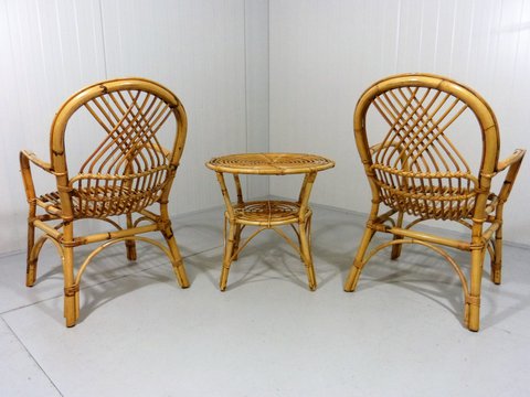 2x Vintage bamboe stoelen met tafel, set