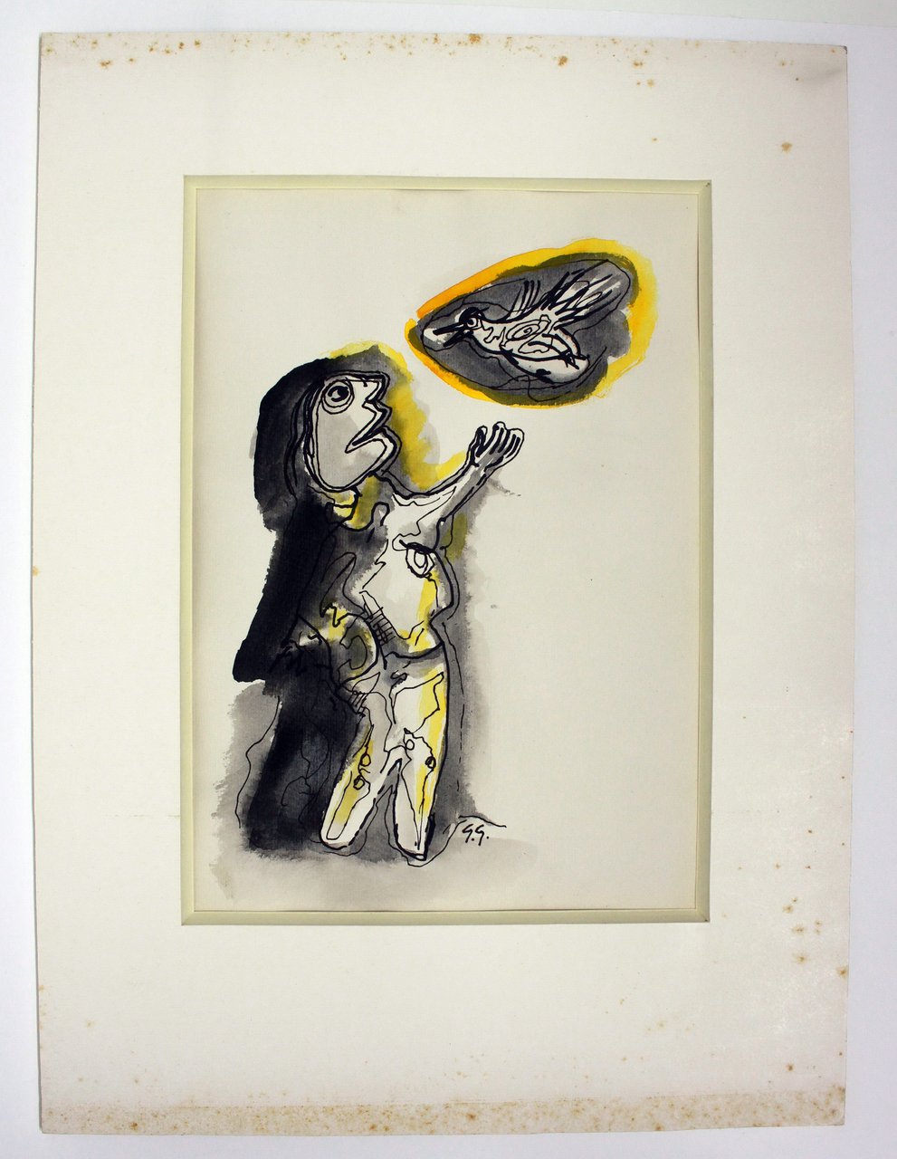 Image 2 of Gérard Grassère, farbige Federzeichnung - Mann mit Vogel ("Im Gespräch").