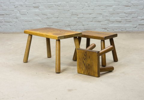 Brutalist Oak Side Tables in the Style of Charlotte Perriand